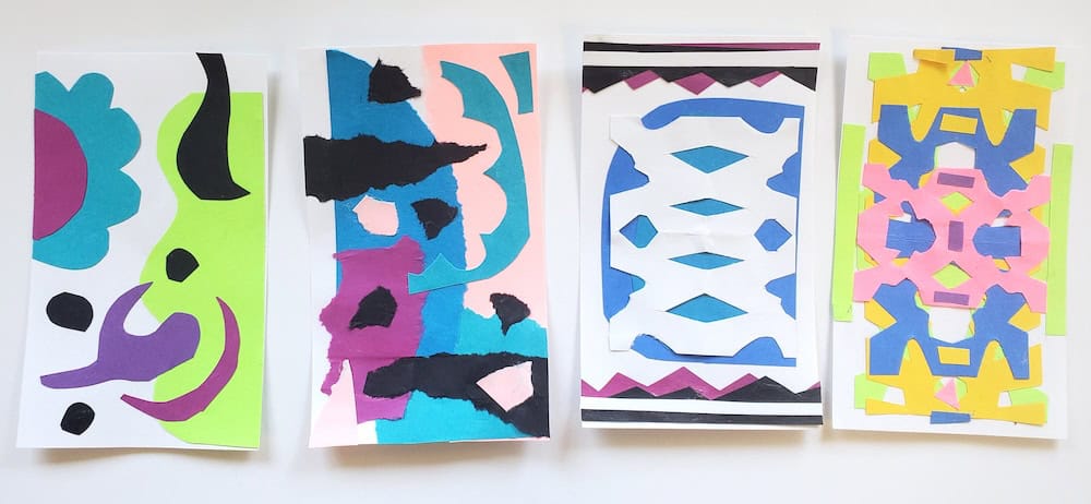 Four colorful abstract paper collages, crafted under a timed art prompt, grace the white surface. They feature dynamic shapes in blue, pink, black, green, yellow, and purple.