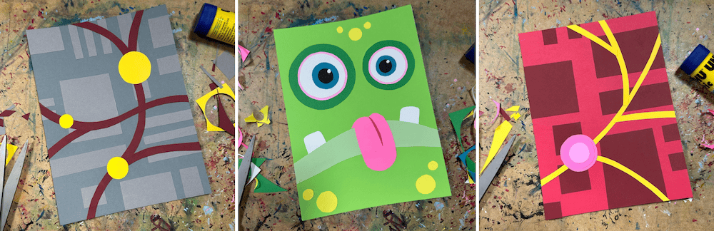 Three colorful paper collages featuring abstract patterns and a cartoonish monster rest on a speckled table, surrounded by glue sticks. This vibrant scene is a testament to the creativity inspired by collage prompts during an engaging art session.