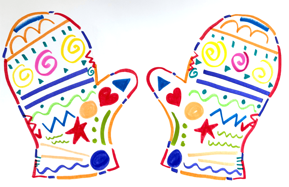 A vibrant art project featuring a colorful drawing of two mittens adorned with geometric and abstract patterns. Swirls, stars, hearts, and zigzags dance across each mitten in bright hues, set against a crisp white background that's perfect for creativity.