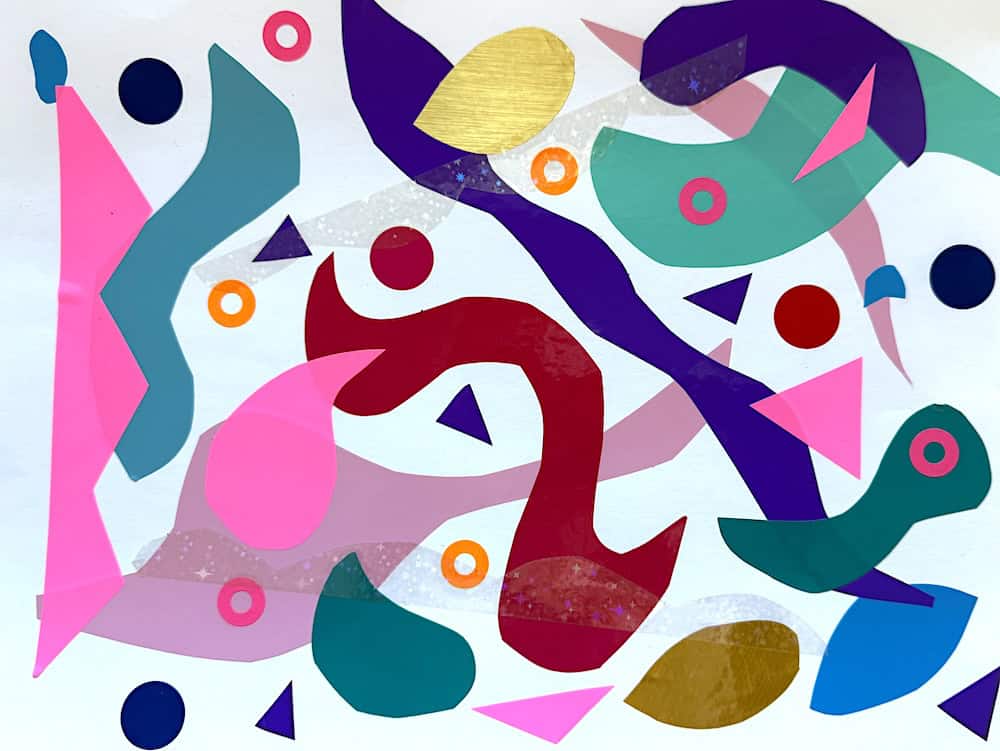 Abstract composition with colorful geometric shapes and curves on a white background, reminiscent of vinyl sticker art, featuring pink, purple, blue, green, gold, and red elements.