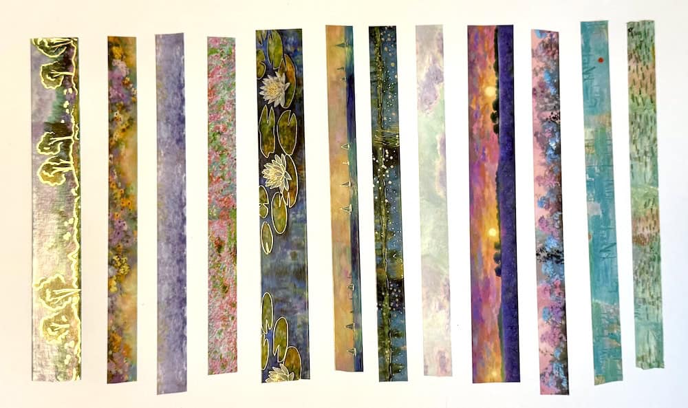 Twelve strips of paper with various colorful patterns, including floral and abstract designs, arranged vertically against a white background.