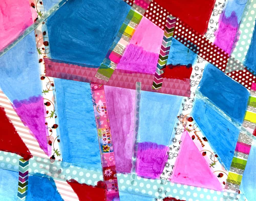 Abstract art with intersecting geometric shapes in pink and blue hues, accented by various patterned strips including polka dots, cherries, and zigzags.