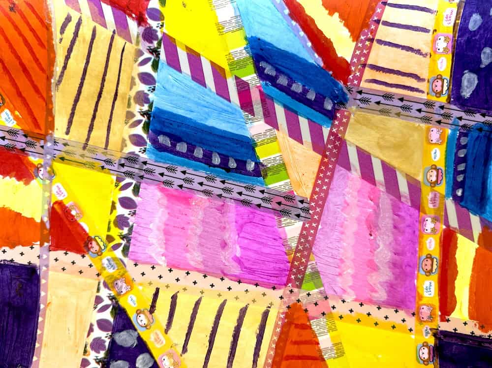 Colorful abstract artwork with intersecting diagonal stripes and a vibrant mix of painted patterns, including zigzags, stars, and cartoon faces on tape accents.