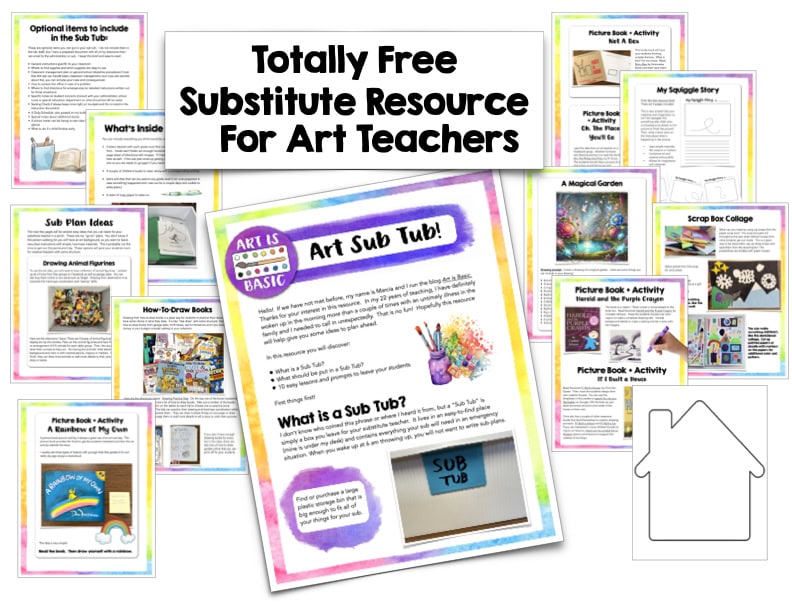 Free Art Sub Plans for Elementary Image of a collection of pages from an Art Sub Guide for teachers, featuring substitute art lesson ideas and project examples, with a title banner stating "Totally Free Substitute Resource.